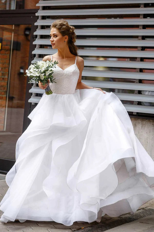 Buyishang Flowy Spaghetti Layered Wedding Dress With Lace Top