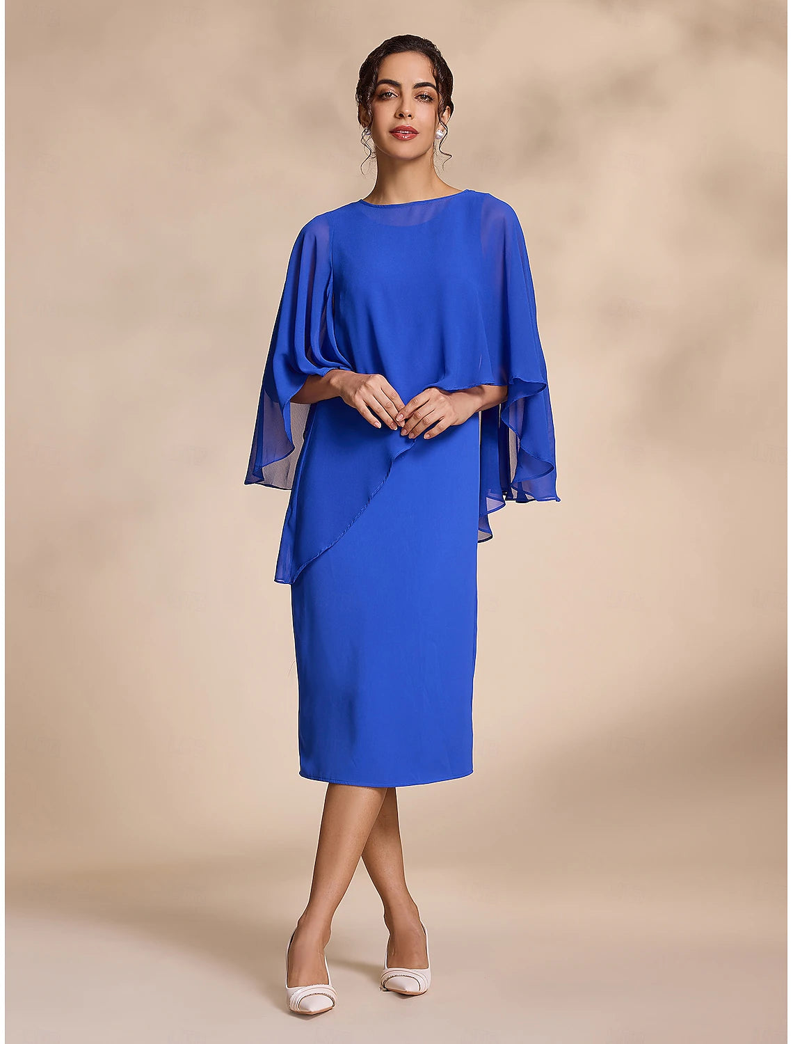 Buyishang Blue Chiffon Causal Round Sleeve 2 Piece Midi Mother of the Bride Dress dress to impress