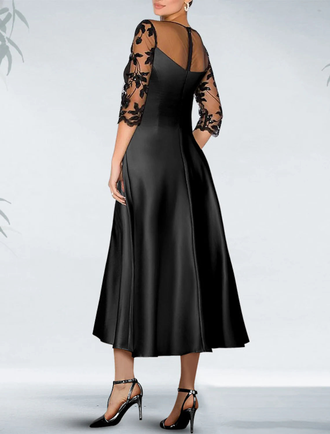 A-Line Cocktail Black Dress Plus Size Appliques Elegant Dress Fall Wedding Guest Dress For Mother Knee Length 3/4 Length Sleeve Off Shoulder  Satin with Beading