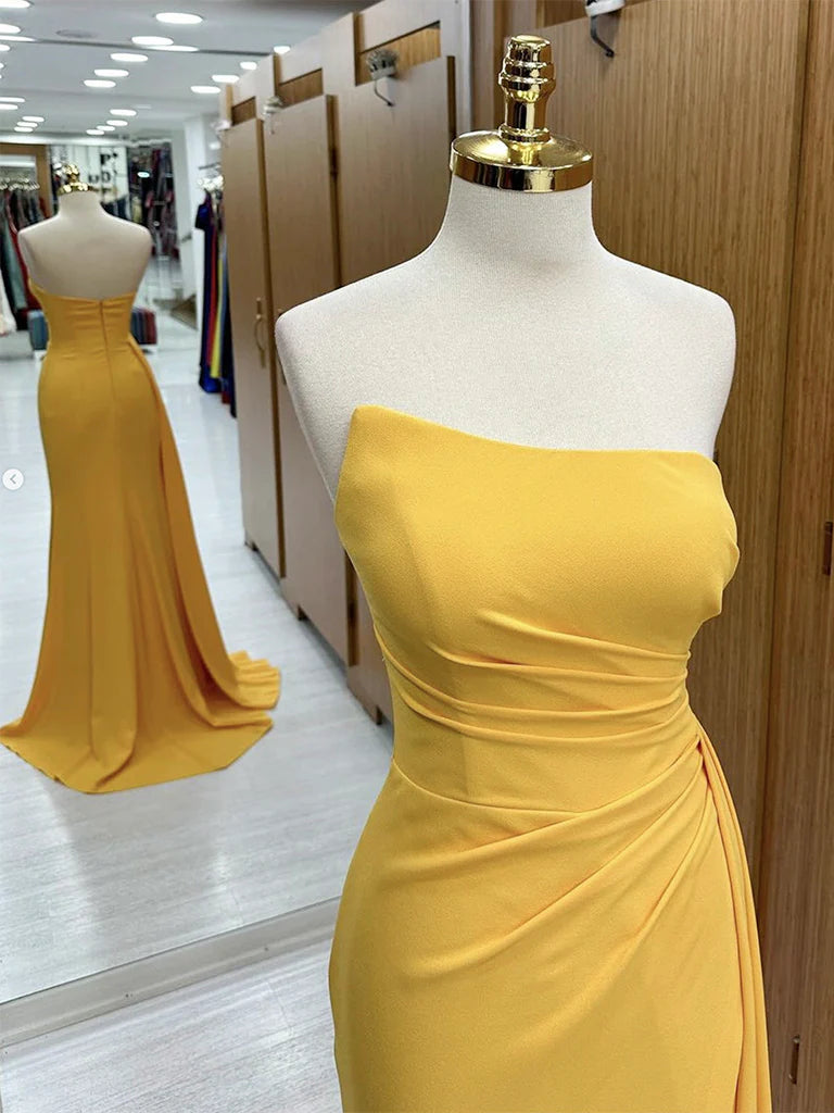 Buyishang Simple Yellow Satin Long Prom Dress Yellow Formal Dress