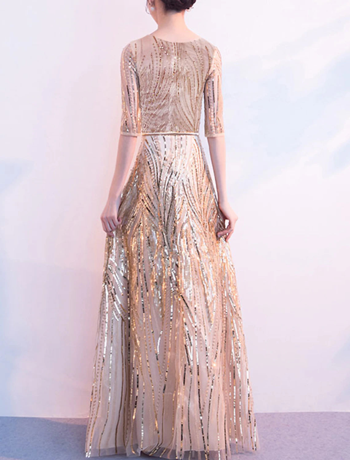 A-Line Minimalist Elegant Wedding Guest Formal Evening Dress Jewel Neck Half Sleeve Floor Length Sequined with Sash / Ribbon Sequin