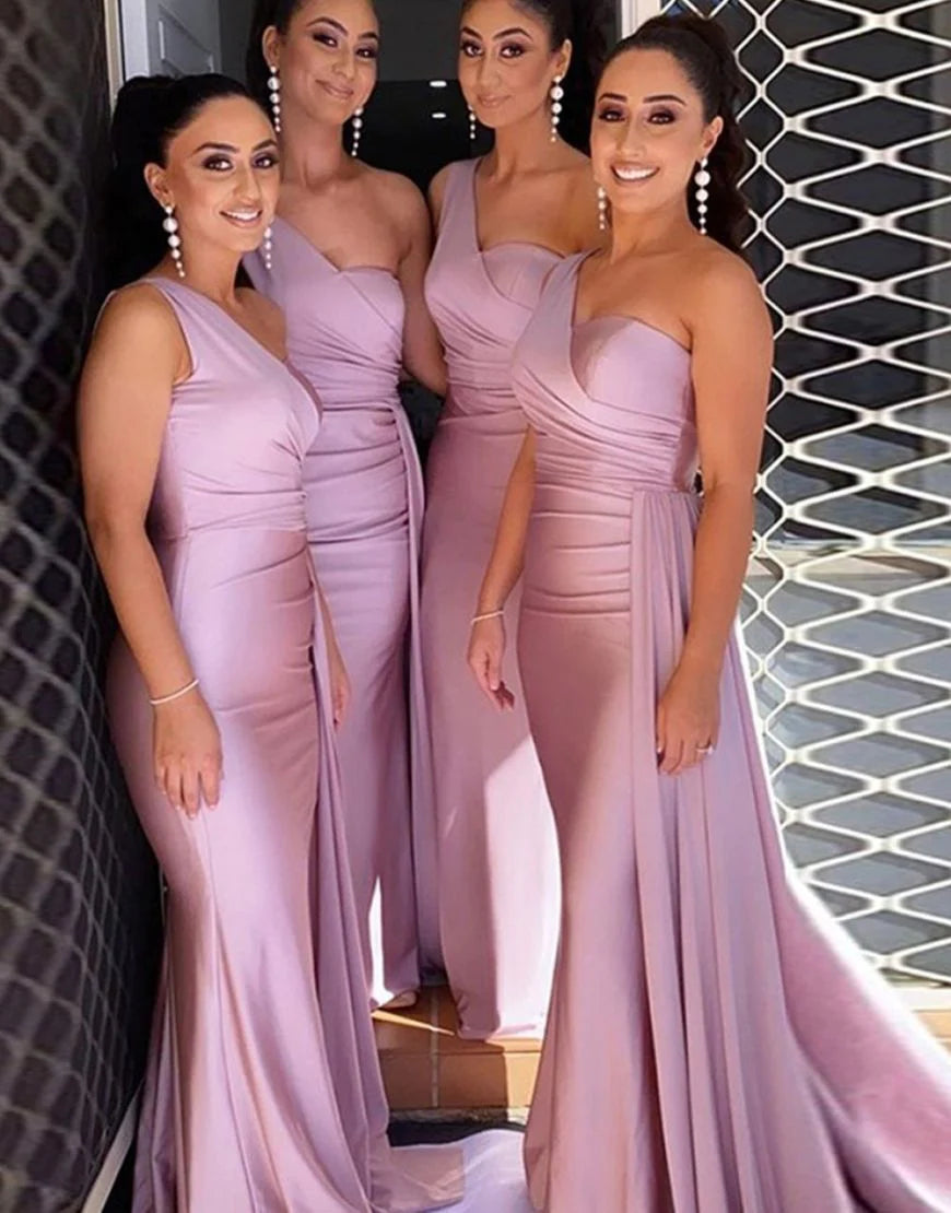 Mermaid One Shoulder  Satin Bridesmaid Dress With Ribbon