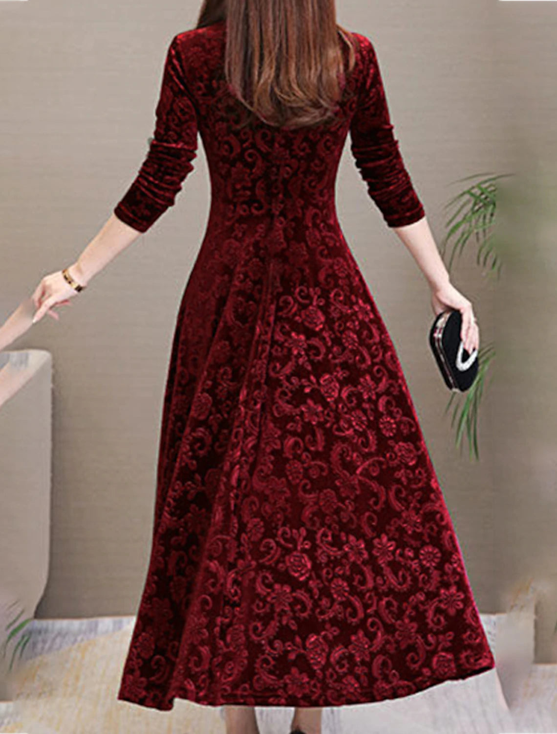 Women's Party Dress Velvet Dress Swing Dress New Year's Eve Dress Midi Dress Black Red Green Long Sleeve Floral Jacquard Spring Fall Winter V Neck Winter Dress