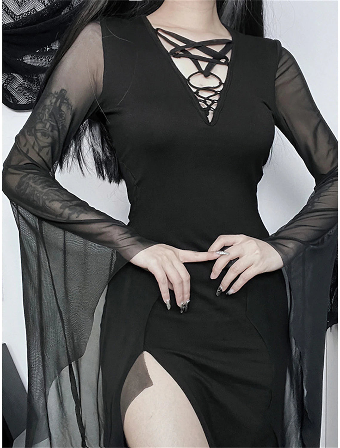 Women's Prom Dress Party Dress Sheath Dress Long Dress Maxi Dress Black Long Sleeve Pure Color Mesh Spring Fall Winter V Neck Fashion Halloween Evening Party Vacation