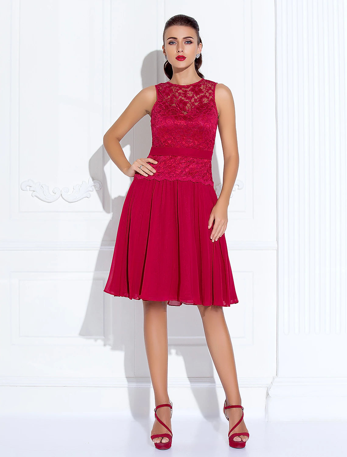 A-Line / Fit & Flare Illusion Neck Knee Length Chiffon / Lace Cocktail Party Dress with Lace / Pleats