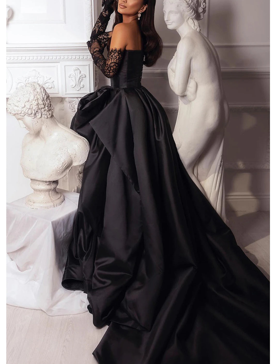 A-Line Evening Gown Black Dress Plus Size Dress Carnival Masquerade Court Train Sleeveless Strapless Wednesday Addams Family Satin with Slit Pure Color Prom