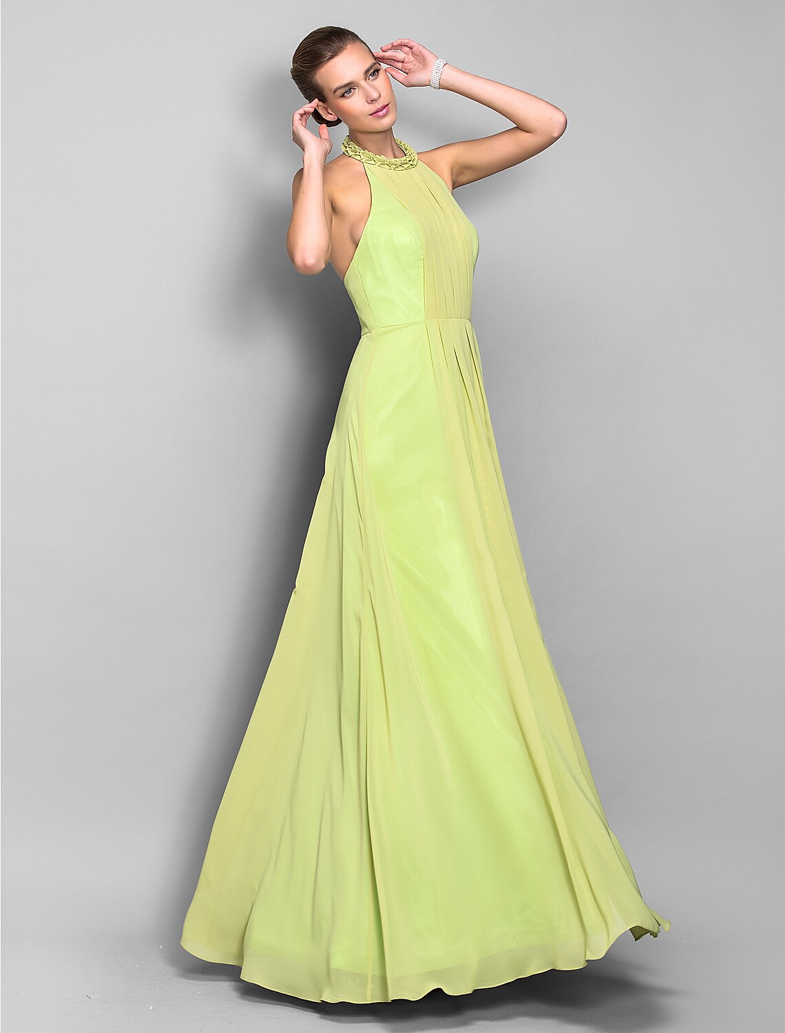 Sheath / Column High Neck Floor Length Chiffon Open Back Prom / Formal Evening Dress with Draping / Split Front / Cascading Ruffles
