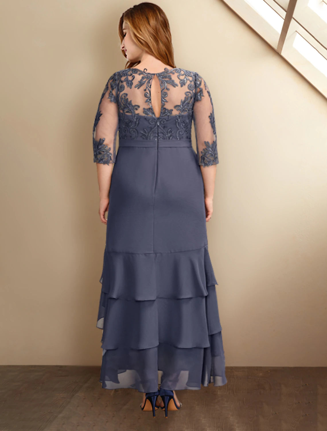 A-Line Mother of the Bride Dresses Plus Size Hide Belly Curve Elegant Dress Formal Ankle Length Half Sleeve V Neck Chiffon with Ruffles Appliques