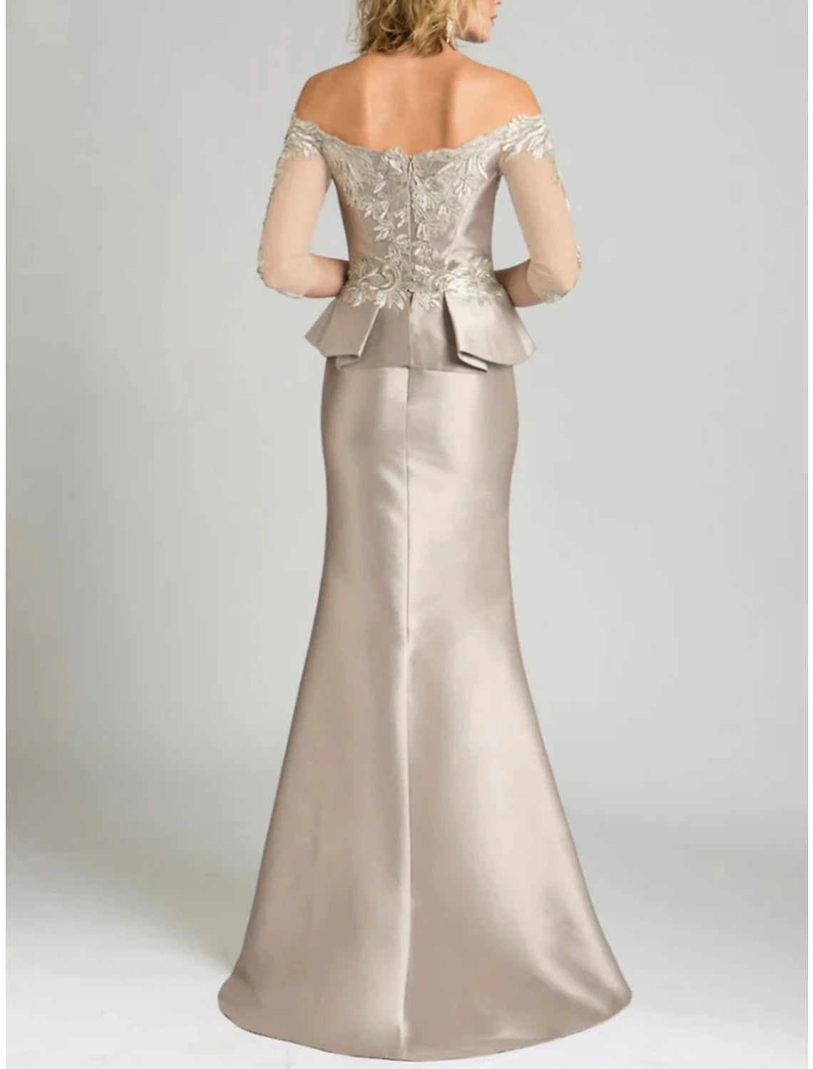 Mermaid / Trumpet Mother of the Bride Dress Wedding Guest Party Elegant Off Shoulder Floor Length Stretch Satin 3/4 Length Sleeve with Lace Sequin Ruching