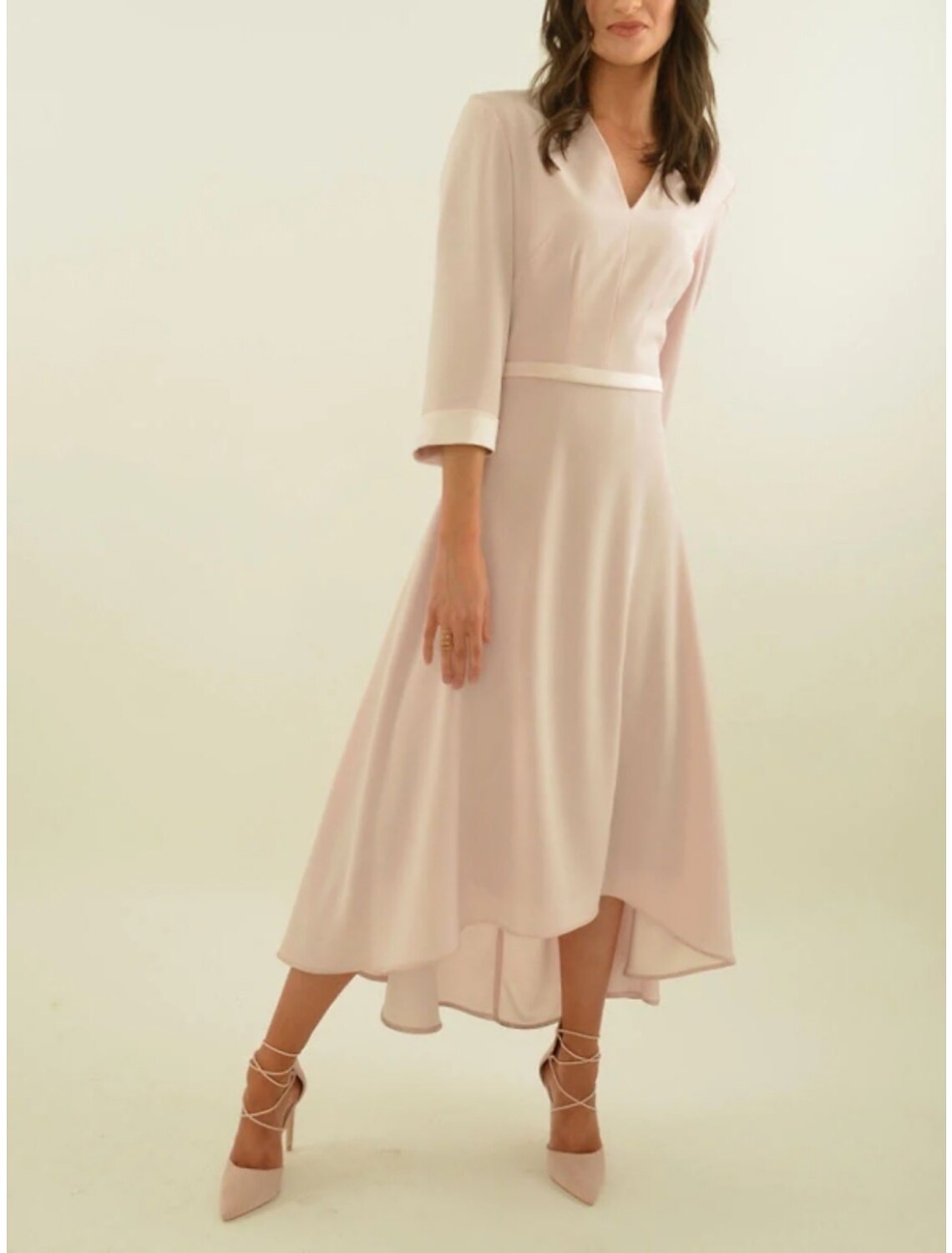 A-Line Mother of the Bride Dress Simple Elegant V Neck Asymmetrical Ankle Length Stretch Chiffon 3/4 Length Sleeve with Pleats Solid Color