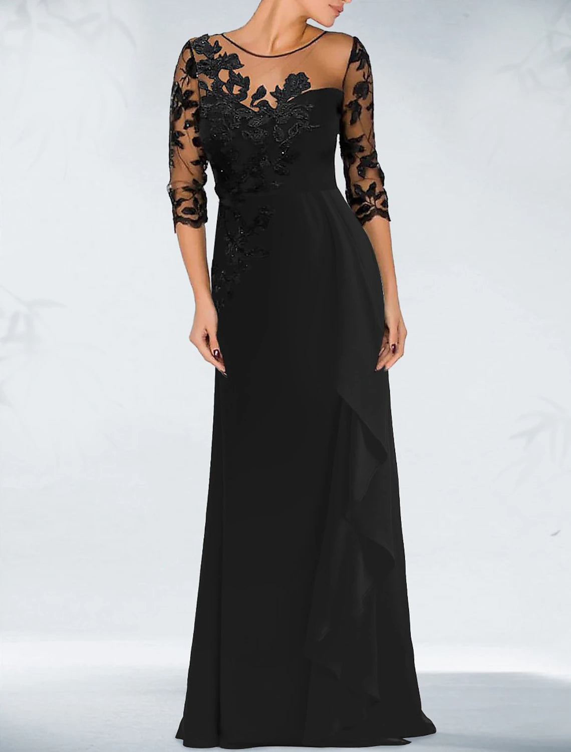 Sheath Evening Gown Elegant Black Dress Wedding Guest Fall Floor Length 3/4 Length Sleeve Jewel Neck Satin with Beading Appliques