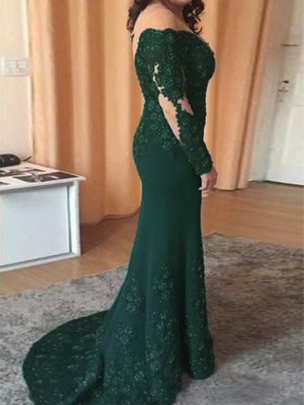 Sheath/Column Stretch Crepe Applique Off-the-Shoulder Long Sleeves Sweep/Brush Train Mother of the Bride Dresses