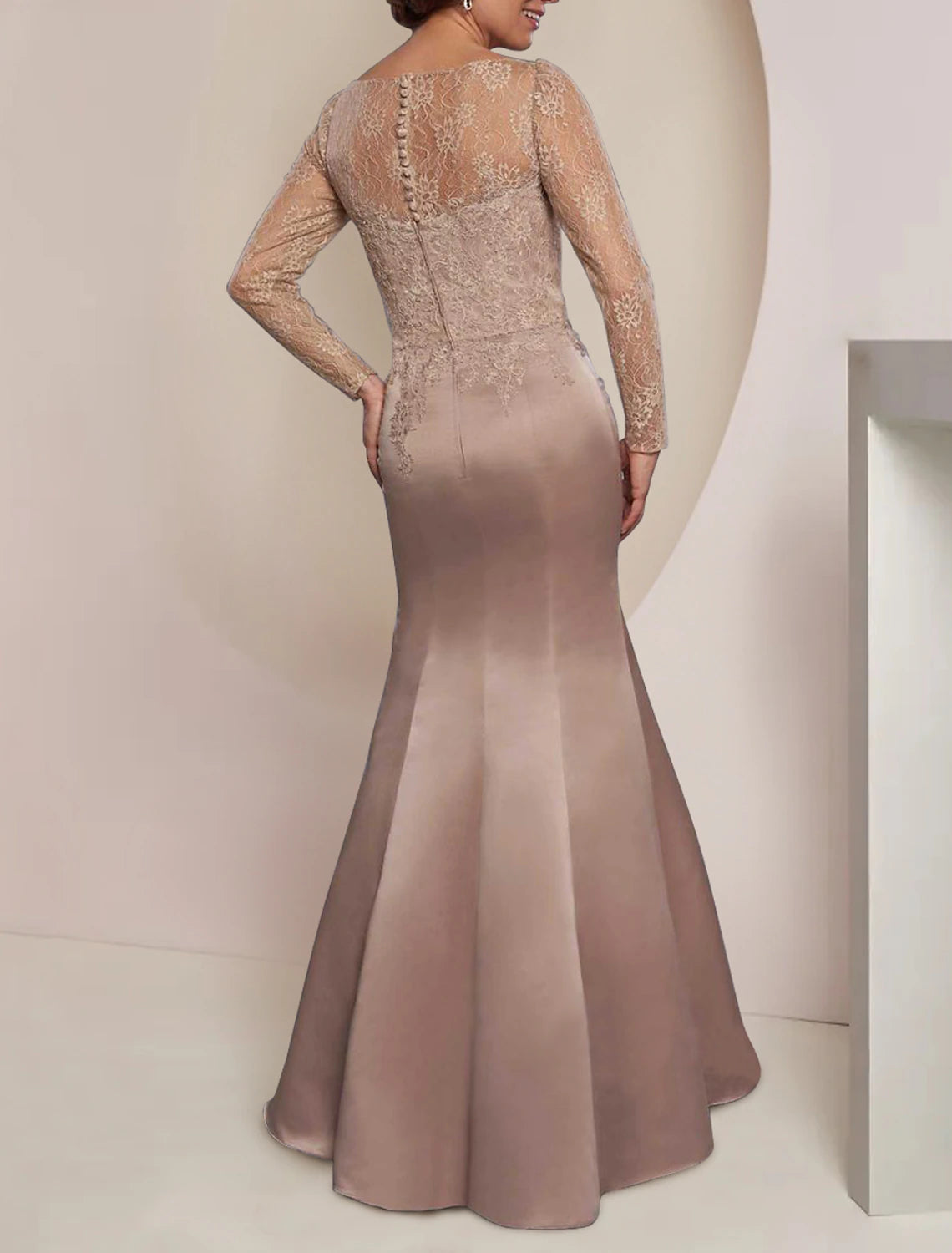 Mermaid / Trumpet Mother of the Bride Dress Wedding Guest Elegant Party Jewel Neck Floor Length Imitated Silk Long Sleeve with Lace Pleats