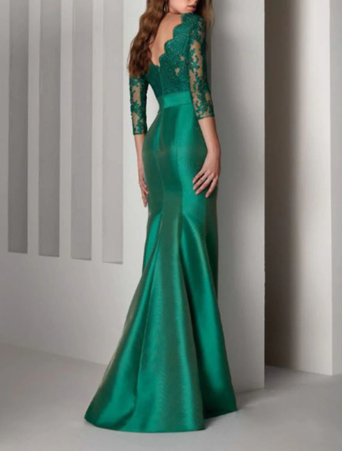Mermaid Beautiful Back Elegant Red Green Dress Formal Evening Dress Scalloped Neckline V Back 3/4 Length Sleeve Floor Length Lace with Sash / Ribbon Embroidery