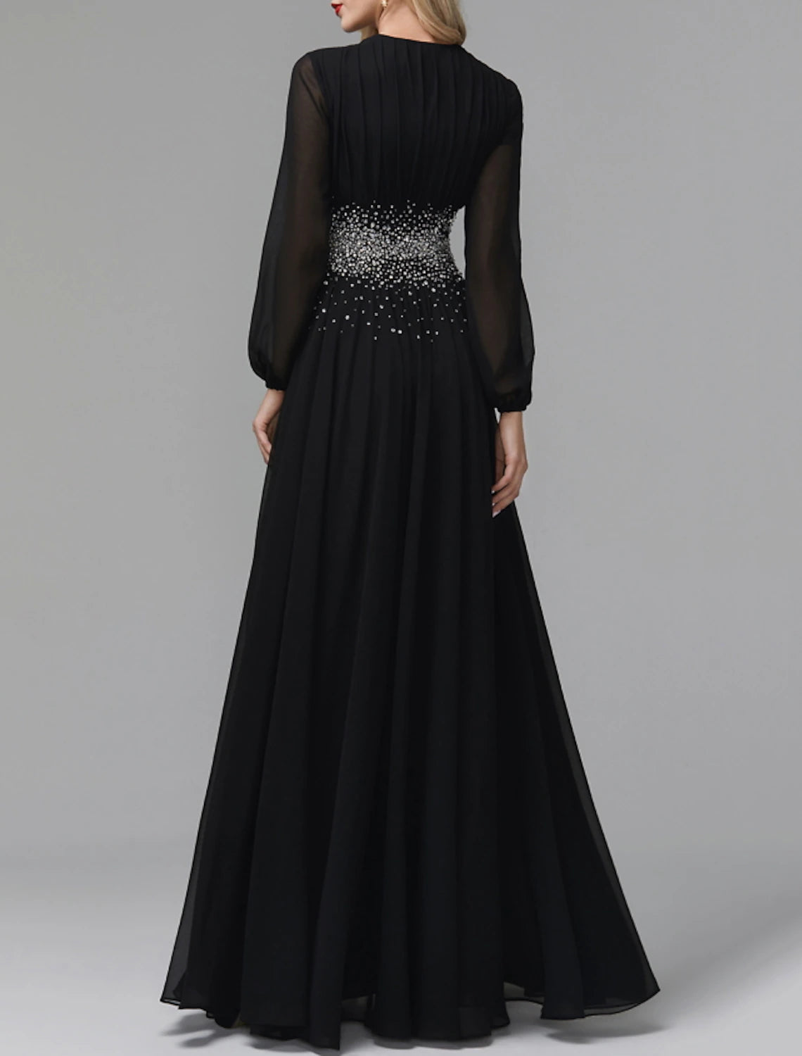 A-Line Evening Gown Luxurious Dress Party Wear Formal Evening Floor Length Long Sleeve V Neck Tulle with Pleats Sequin Slit