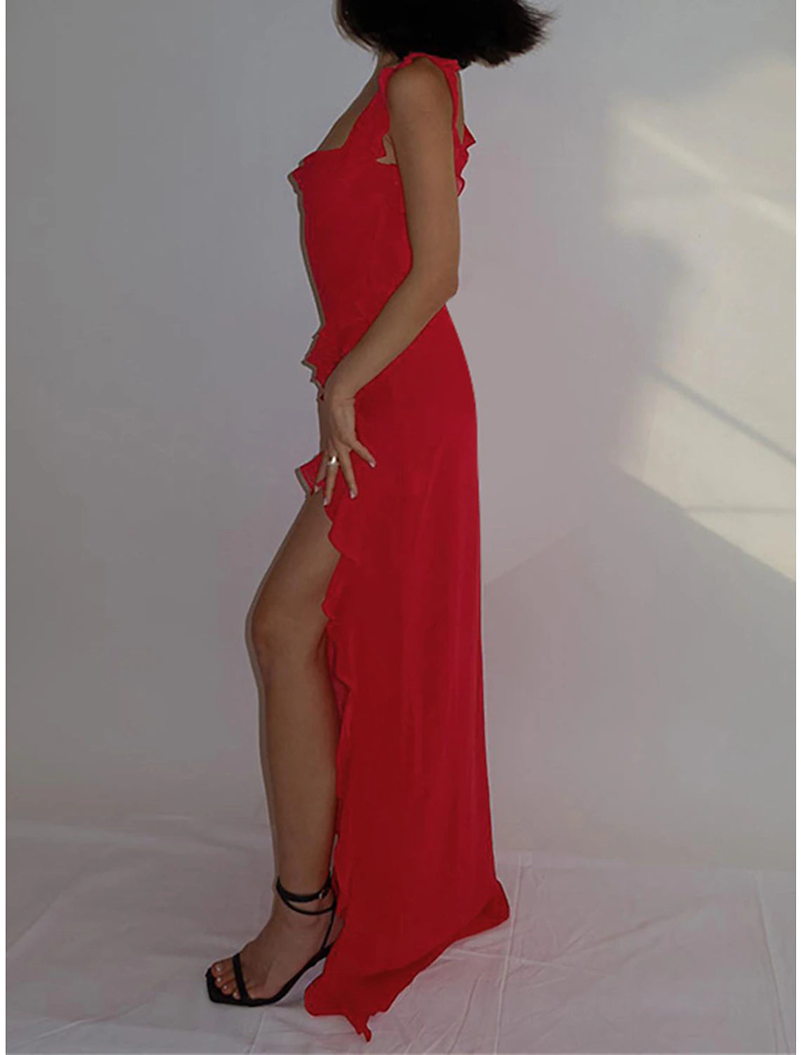Women's Christmas Prom Dress Party Dress New Year's Eve Dress Sheath Dress Long Dress Maxi Dress Black Red Light Blue Sleeveless Ruffle Spring Fall Winter Spaghetti Strap
