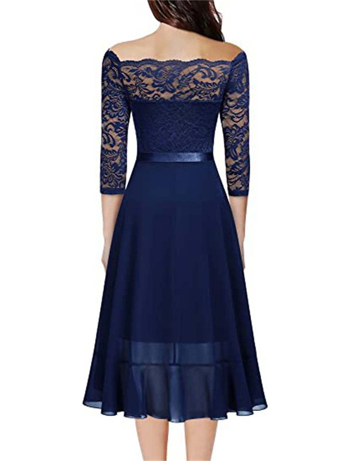 Women's Prom Dress Party Dress Lace Dress Midi Dress Pink Purple Dark Blue Long Sleeve Pure Color Lace Spring Fall Winter Off Shoulder Fashion Winter Dress Wedding Guest Birthday
