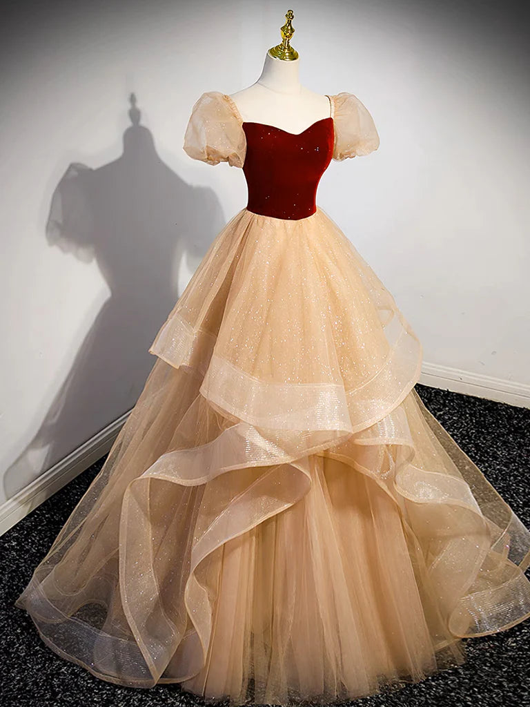 Buyishang A-Line Tulle Velvet Champagne Long Prom Dress Champagne Long Formal Dress