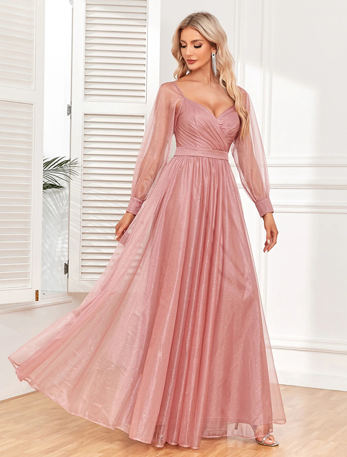 Women's Prom Dress Party Dress Swing Dress Long Dress Maxi Dress Light Red Long Sleeve Pure Color Ruched Summer Spring Fall V Neck Formal Evening Party
