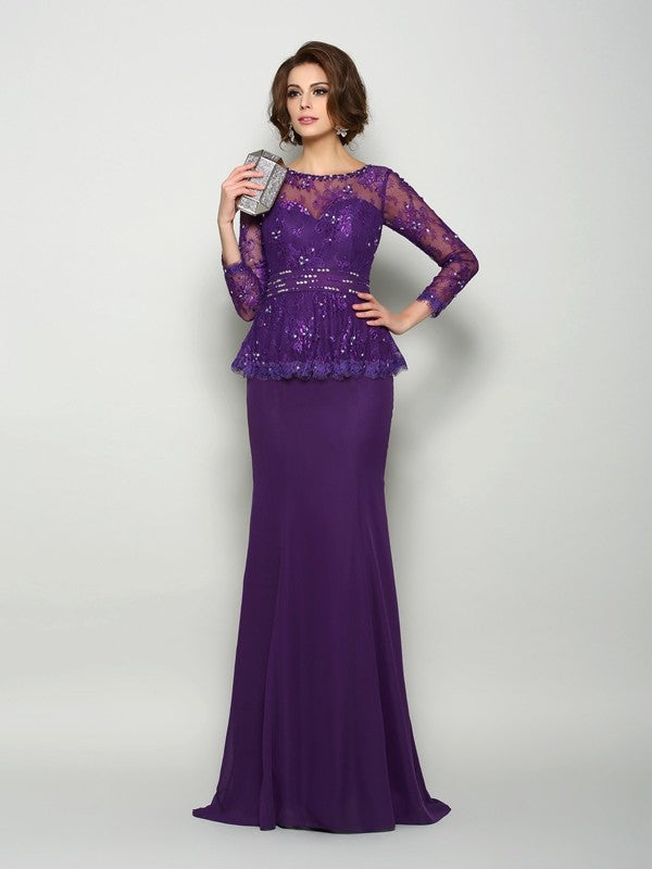 Trumpet/Mermaid Scoop Beading Long Sleeves Long Chiffon Mother of the Bride Dresses