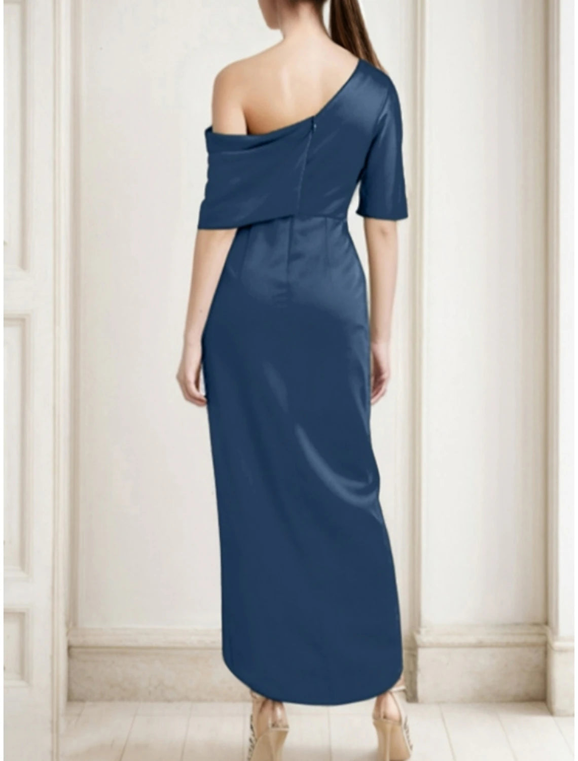 A-Line Mother of the Bride Dress Wedding Guest Elegant Off Shoulder Ankle Length Imitated Silk Half Sleeve with Split Front Ruching