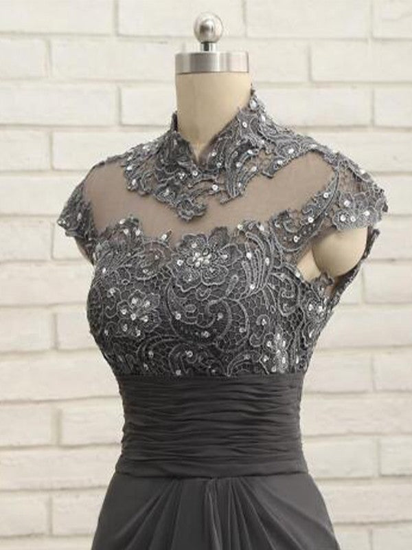Sheath/Column Chiffon Lace High Neck Short Sleeves Sweep/Brush Train Mother of the Bride Dresses