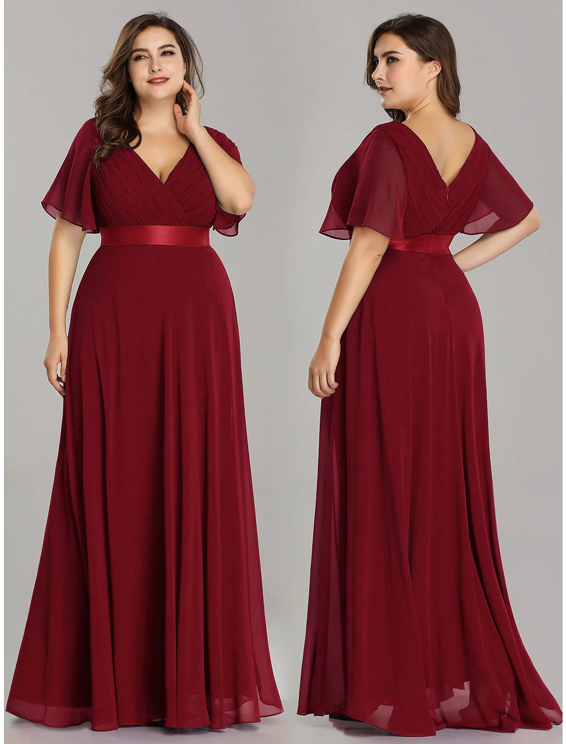 A-Line WE Empire Dress Prom Formal Evening Floor Length Short Sleeve V Neck Bridesmaid Dress Chiffon V Back with Pleats Ruched