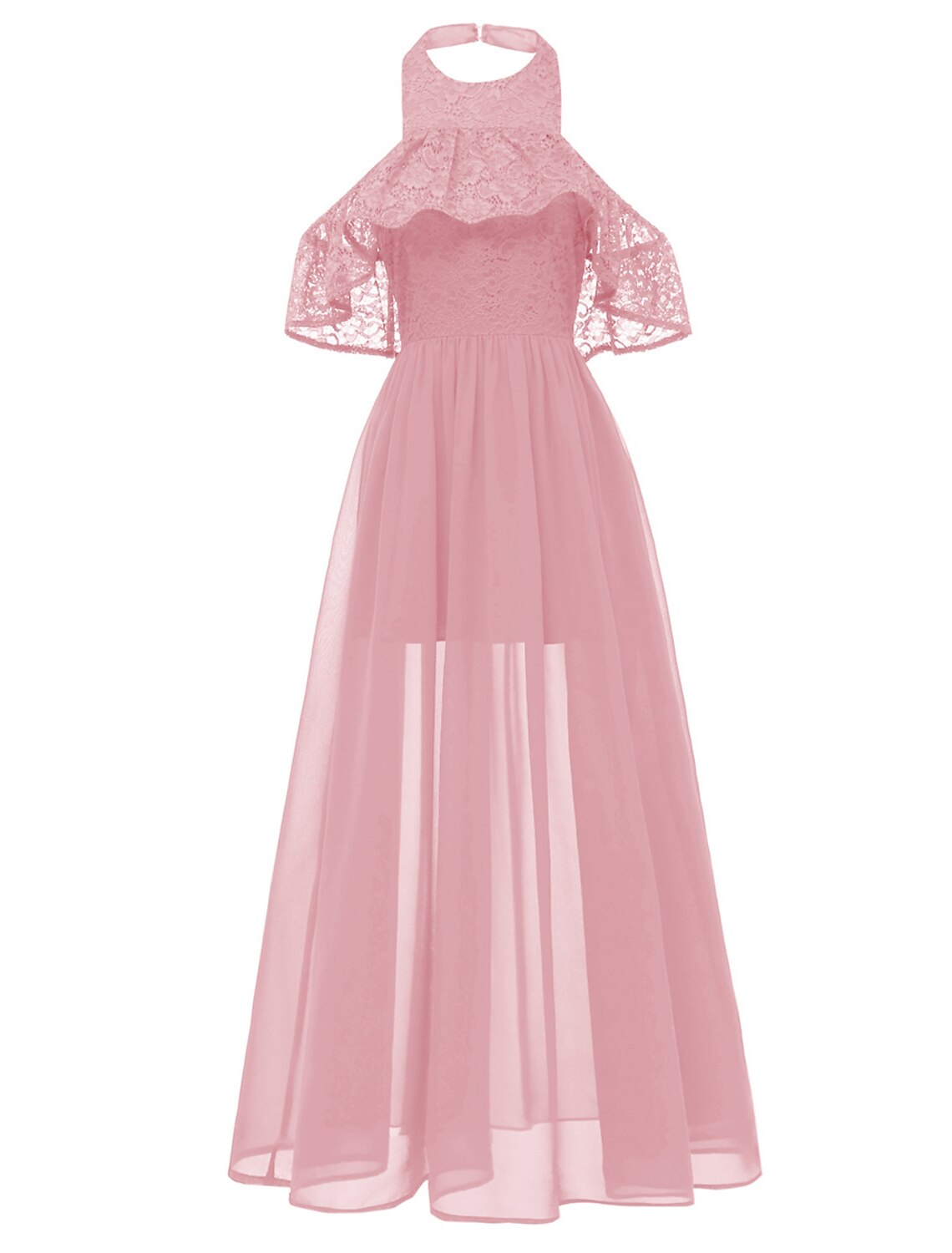 Women's Prom Dress Party Dress Lace Dress Long Dress Maxi Dress Pink Wine Navy Blue Short Sleeve Plain Lace Summer Spring Fall Halter Neck Elegant Wedding Guest Evening Party