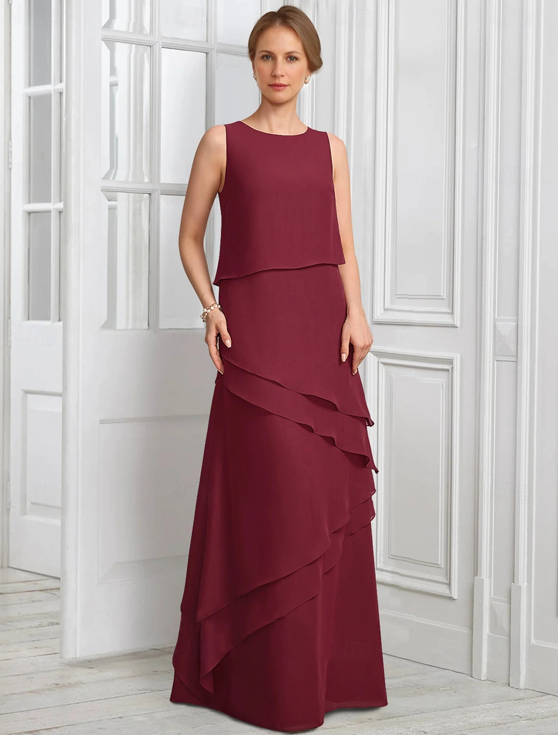 Buyishang Two Piece A-Line Dress Suit Mother of the Bride Dress Elegant Sparkle & Shine Jewel Neck Floor Length Chiffon Half Sleeve with Buttons Appliques Flower