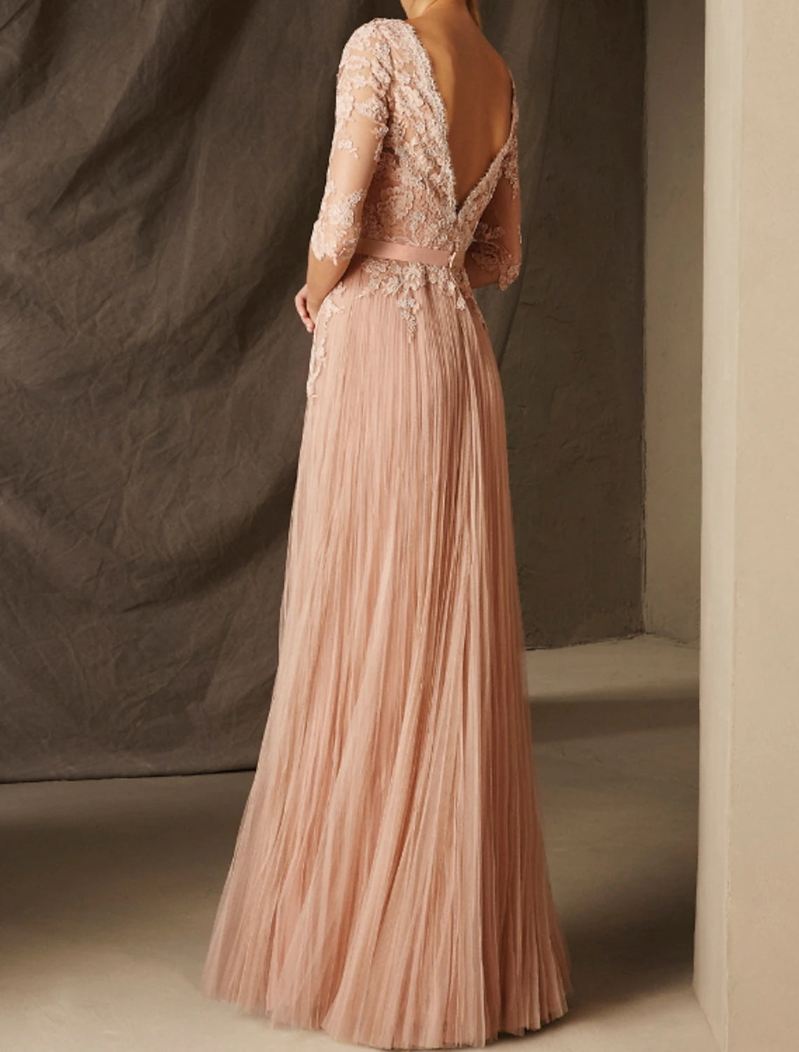 A-Line Elegant Sexy Engagement Formal Evening Dress V Neck Half Sleeve Floor Length Chiffon with Pleats Appliques