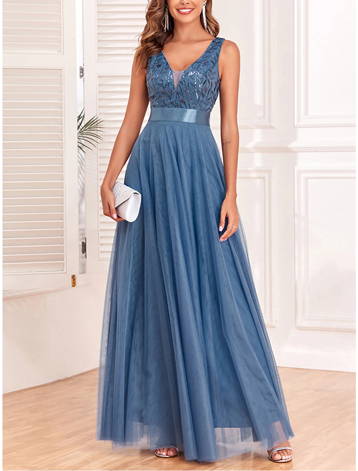 Women's Sequin Dress Prom Dress Party Dress Sparkly Dress Long Dress Maxi Dress Blue Sleeveless Sparkly Glitter Fall Winter V Neck Fashion Evening