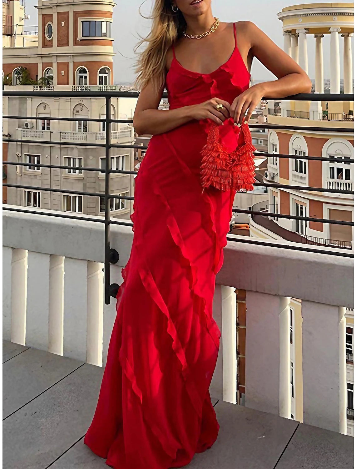 Women's Prom Dress Party Dress New Year's Eve Dress Homecoming Dress Long Dress Maxi Dress Black Red Sleeveless Ruffle Summer Spring Spaghetti Strap Evening