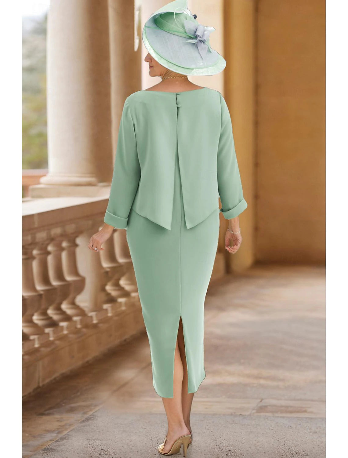 Buyishang Sheath / Column Mother of the Bride Dress Elegant Jewel Neck Tea Length Stretch Fabric 3/4 Length Sleeve with Pleats free custom size