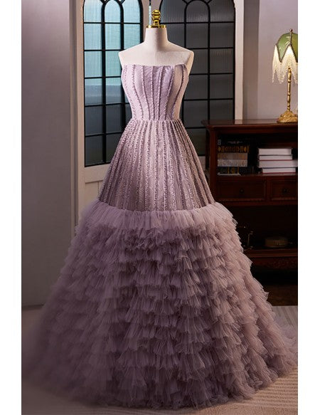 Unique Light Purple Strapless Prom Dress with Ruffles