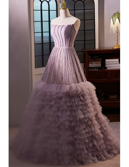 Unique Light Purple Strapless Prom Dress with Ruffles