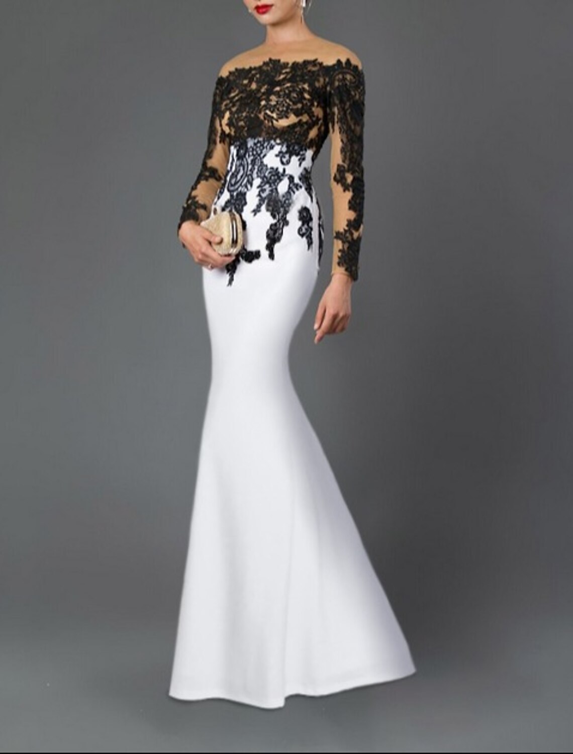 Mermaid / Trumpet Evening Gown Elegant Dress Wedding Guest Floor Length 3/4 Length Sleeve Jewel Neck Stretch Crepe with Appliques