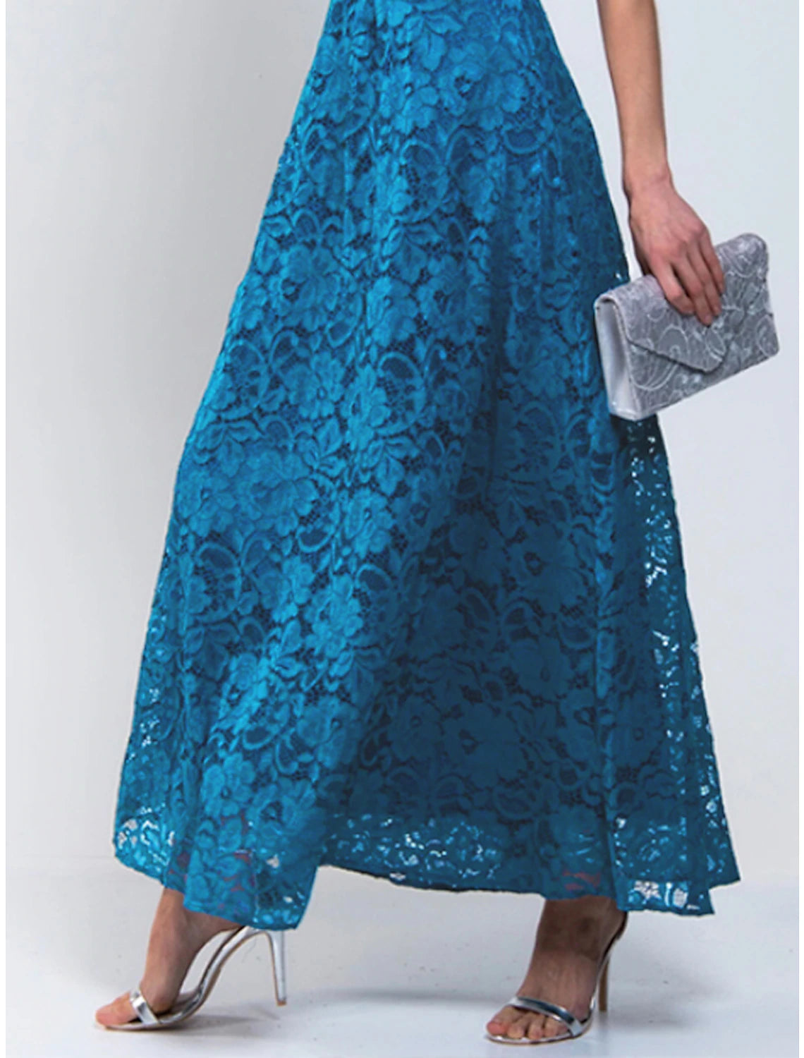 Women's A Line Dress Maxi long Dress Royal Blue Lace Dress Half Sleeve Floral Solid Color Ruched Print Spring Summer Crew Neck Stylish Elegant