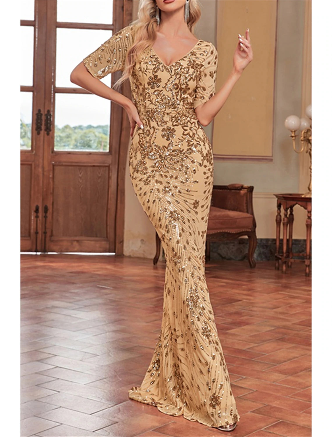 Mermaid / Trumpet Mother of the Bride Dress Wedding Guest Elegant Sparkle & Shine V Neck Floor Length Sequined Short Sleeve with Sequin Flower