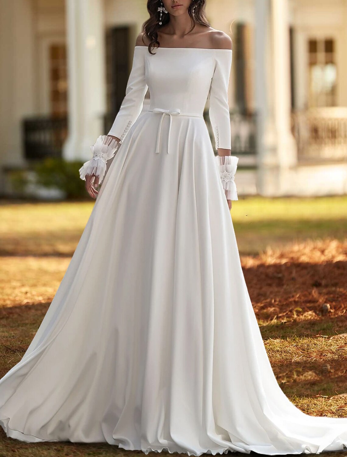 Casual Wedding Dresses A-Line Off Shoulder 3/4 Length Sleeve Court Train Stretch Fabric Bridal Gowns With Bow(s) Pleats