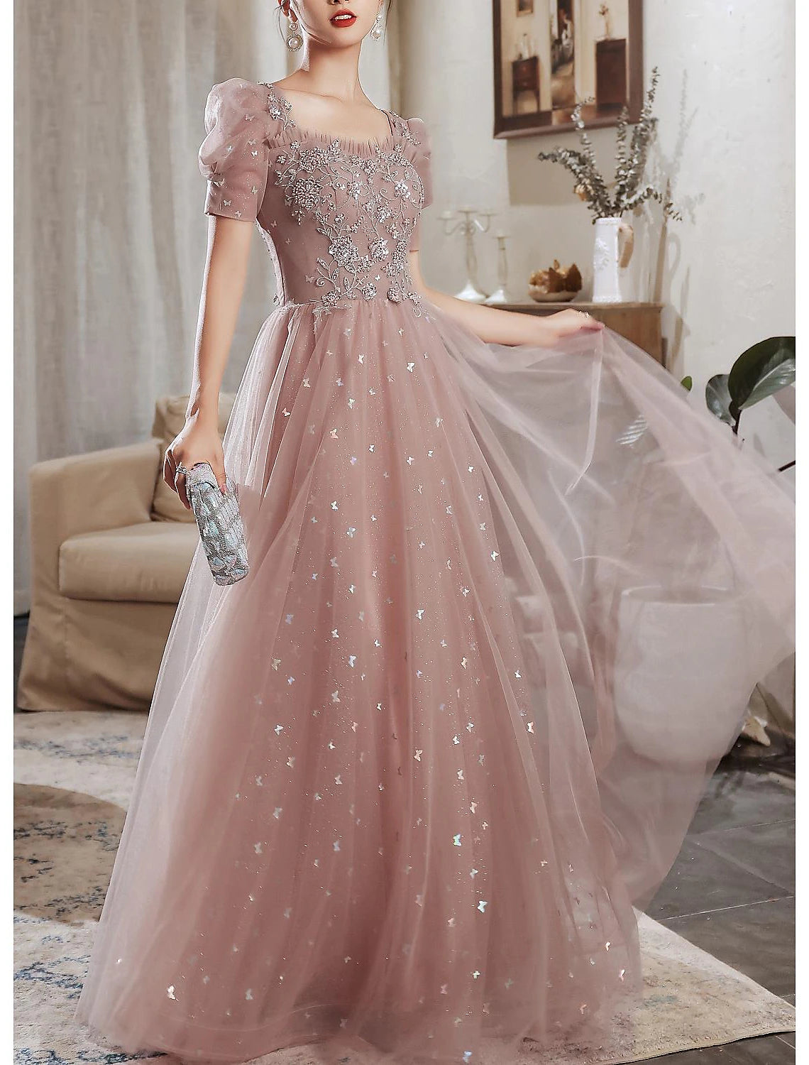 A-Line Prom Dresses Elegant Dress Wedding Guest Prom Floor Length Short Sleeve Sweetheart Tulle V Back with Beading Appliques