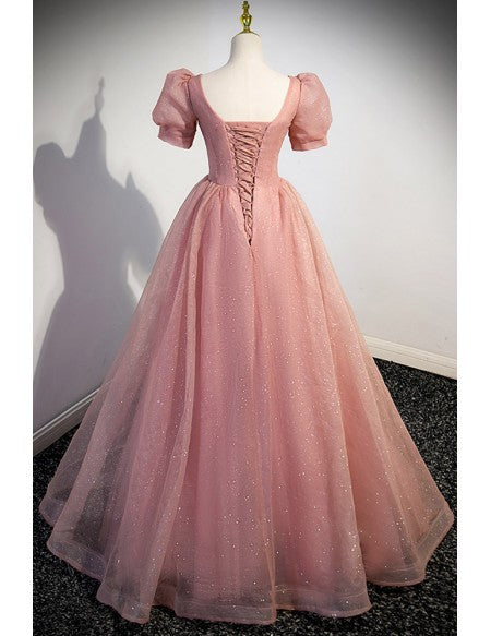 Bling Ballgown Pink Tulle Long Prom Dress with Short Sleeves