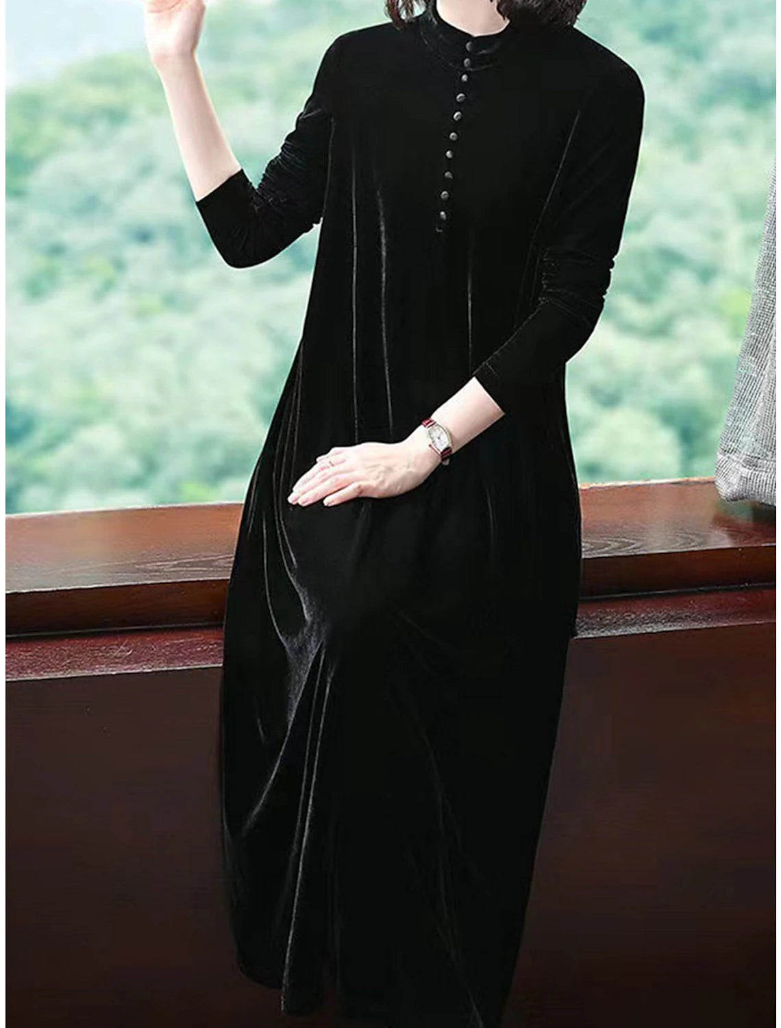 Women's Velvet Dress Prom Dress Party Dress Long Dress Maxi Dress Black Wine Purple Long Sleeve Pure Color Button Fall Winter Autumn Crew Neck Fashion Winter Dress Wedding Guest Evening Party