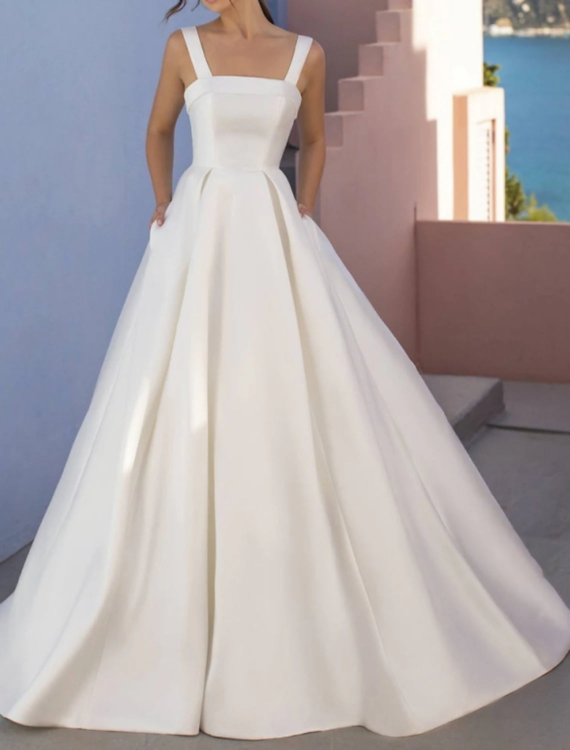 Hall Casual Wedding Dresses A-Line Square Neck Regular Straps Sweep / Brush Train Satin Bridal Gowns With Pleat