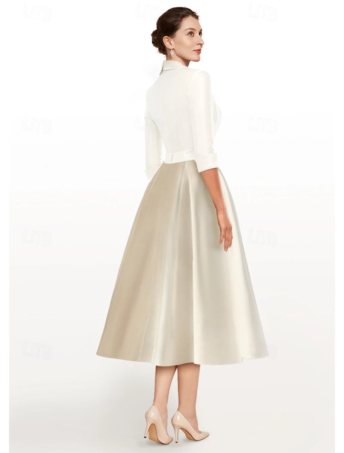 Buyishang A-Line Dress Mother of the Bride Dress Elegant V Neck Tea Length Satin 3/4 Length Sleeve with Pleats Color Block free custom size