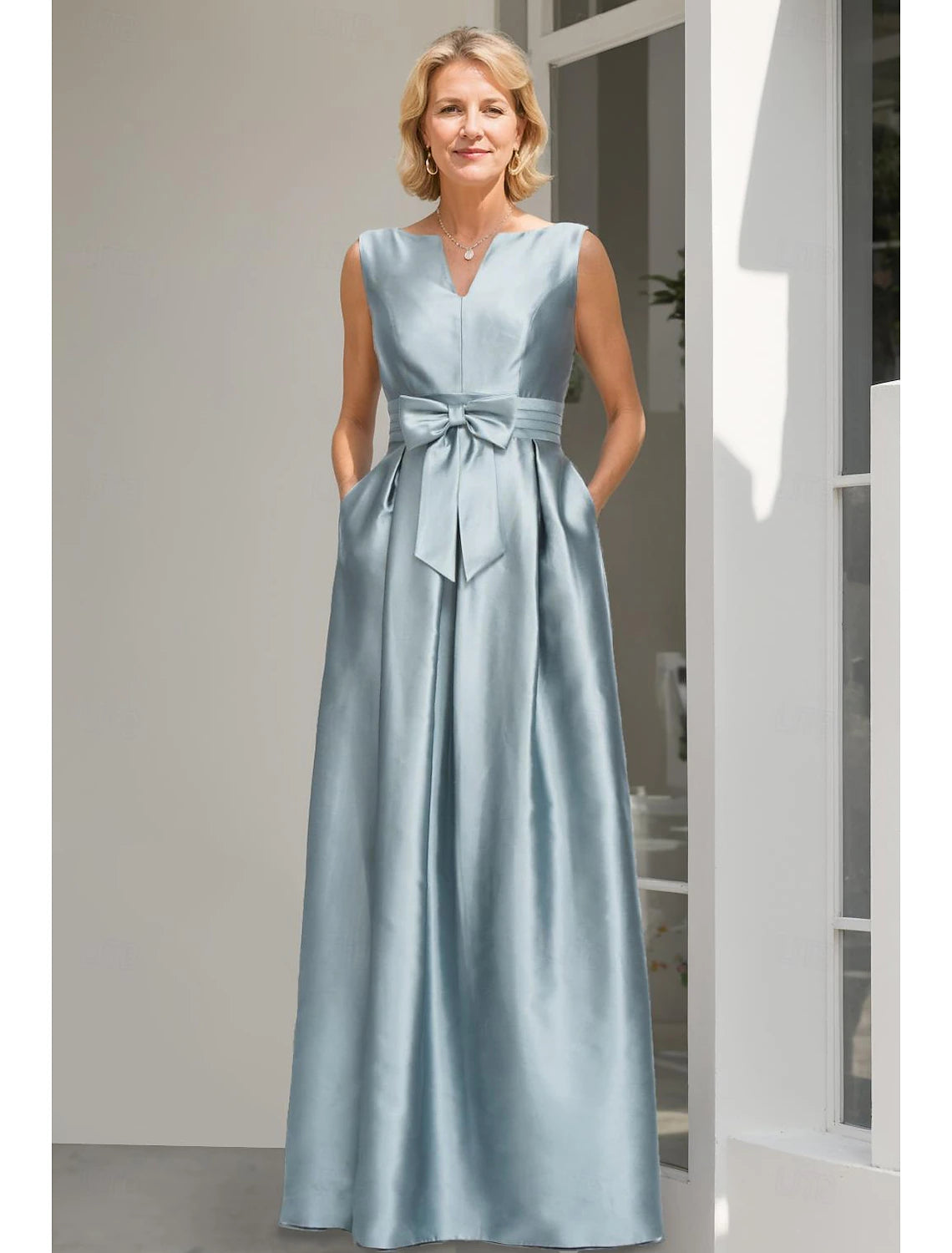 Buyishang Two Piece A-Line Mother of the Bride Dress Elegant Sparkle & Shine V Neck Floor Length Satin Sequined 3/4 Length Sleeve Wrap Included with Bow(s) free custom size