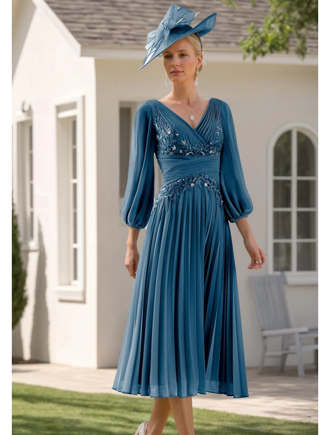 Buyishang A-Line Mother of the Bride Dress Formal Elegant V Neck Tea Length Chiffon 3/4 Length Sleeve with Lace Christmas Dress free custom size