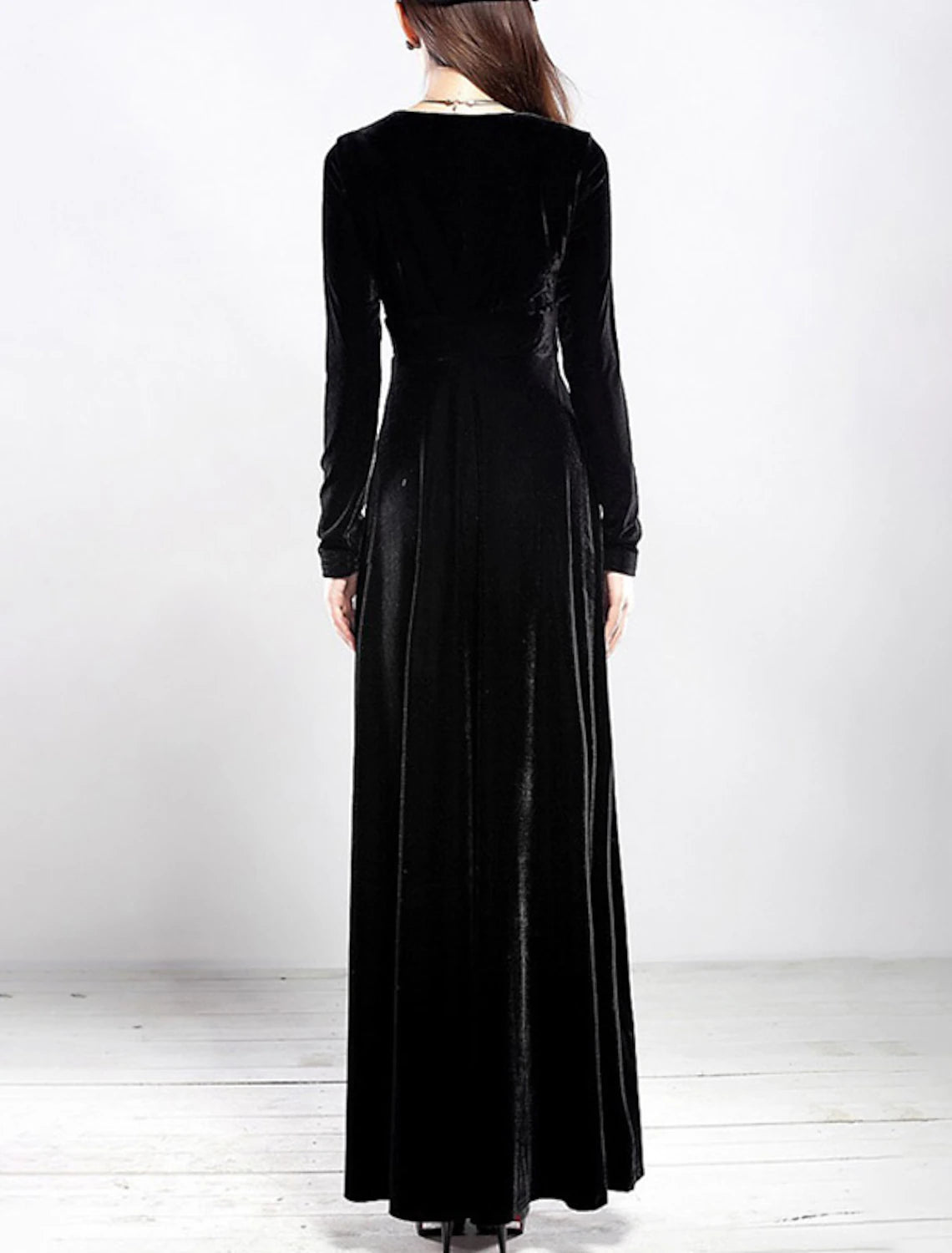 Women's Party Dress Wedding Guest Dress Velvet Dress Long Dress Maxi Dress Black Wine Royal Blue Long Sleeve Pure Color Ruched Fall Spring V Neck Fashion Party Winter Dress