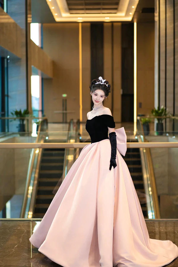 Black Velvet and Pink Satin Long Prom Dress Off the Shoulder Evening Party Dress