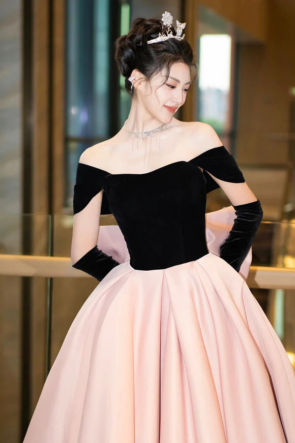 Black Velvet and Pink Satin Long Prom Dress Off the Shoulder Evening Party Dress