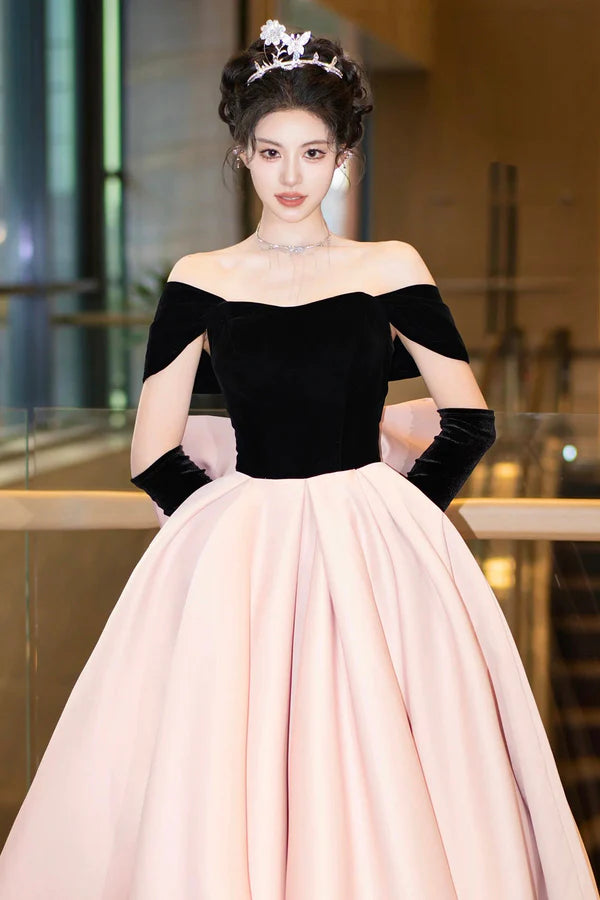 Black Velvet and Pink Satin Long Prom Dress Off the Shoulder Evening Party Dress